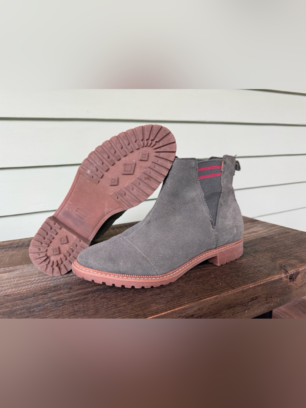 Toms Gray Suede Chelsea Boots with Brown Sole and Red Accent